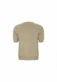 Pullover beige a maniche corte con scollatura rotonda, polsini e orlo a coste. Texture liscia con un design semplice e minimalista.