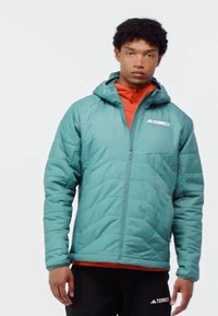 Young man wearing a teal hooded jacket over an orange top and black pants with Terrex brand logos, standing against a white background.