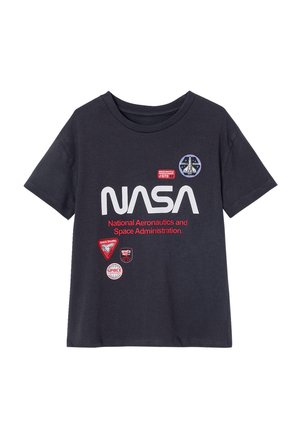 Black short-sleeve T-shirt with large white NASA logo, red text "National Aeronautics and Space Administration," and five space mission patches.