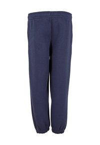 Námornícky modré tepláky s elastickým pásom a manžetami, vyrobené z mäkkého materiálu, s jednoduchým dizajnom a bez viditeľných vzorov.