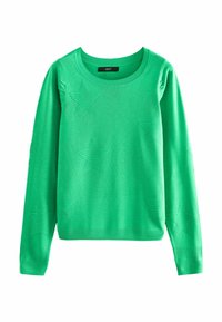 Vihreä neulepusero, jossa on pyöreä pääntie, pitkät hihat ja tekstuuriset tähtikuviot etuosassa. Pehmeä ja kevyt kangas.