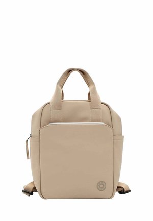 Beige backpack made of synthetic material; features dual top handles, adjustable straps, a front zip pocket, and logo detail.