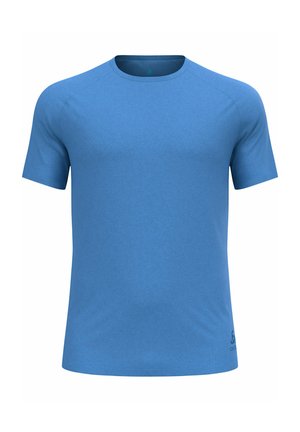 Korte mouwen blauwe t-shirt gemaakt van zachte stof met een ronde hals en subtiele logo-details aan de onderkant links. Gladde textuur, slim fit ontwerp.