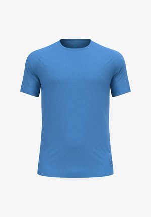 Korte mouwen blauwe t-shirt gemaakt van zachte stof met een ronde hals en subtiele logo-details aan de onderkant links. Gladde textuur, slim fit ontwerp.