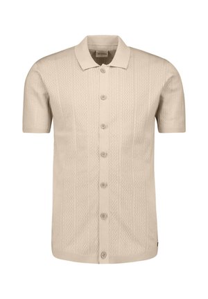Beige gebreid poloshirt met korte mouwen, verticale gestructureerde strepen en een knoopsluiting aan de voorkant.