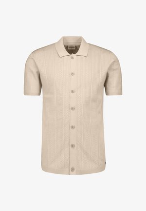 Beige gebreid poloshirt met korte mouwen, verticale gestructureerde strepen en een knoopsluiting aan de voorkant.