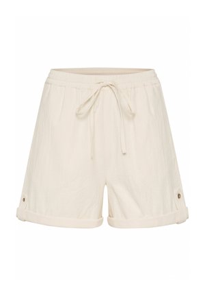 Shorts beige claros hechos de una tela suave, con una cinturilla elástica y cordón de ajuste, y dobladillos enrollados asegurados con detalles de botones.
