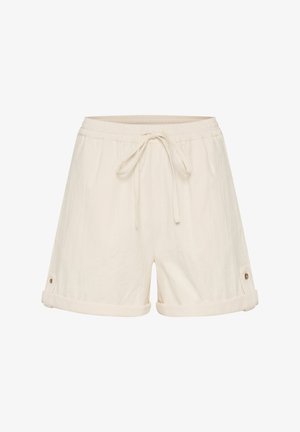 Shorts beige clair en tissu doux, avec une taille élastique dotée d'un cordon de serrage et des ourlets roulés maintenus par des accents de bouton.