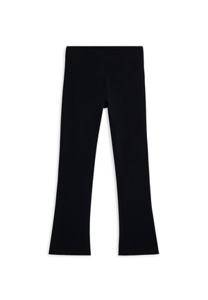 Leggings noires évasées en tissu extensible avec une texture lisse et une large ceinture ; sans logos ni motifs visibles.