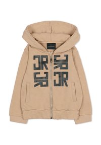 Beżowa bluza z kapturem na suwak z dużym czarnym nadrukiem na przodzie. Posiada kaptur i dwie boczne kieszenie. Miękka tekstura materiału.