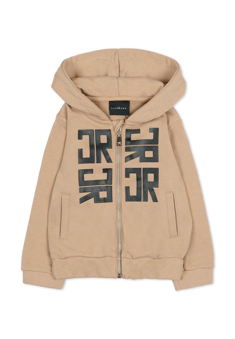Beżowa bluza z kapturem na suwak z dużym czarnym nadrukiem na przodzie. Posiada kaptur i dwie boczne kieszenie. Miękka tekstura materiału.
