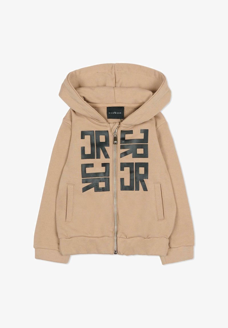 Felpa beige con cerniera e grande scritta grafica nera sul davanti. Presenta un cappuccio e due tasche laterali. Tessuto dalla texture morbida.