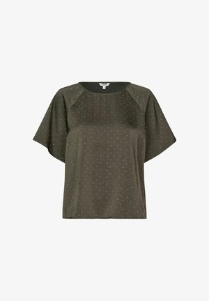 Haut à manches courtes, vert olive, avec une texture lisse, présentant des motifs de points argentés et un col arrondi. Coupe décontractée avec des manches raglan.