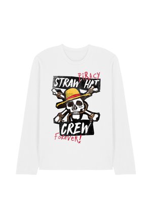 White long-sleeve shirt with a skull wearing a yellow straw hat, crossbones, and text reading "Piracy Straw Hat Crew Forever!" in black and red.