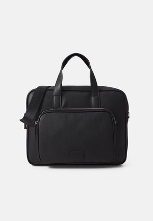 Black rectangular laptop bag with front zip pocket, dual top handles, and an adjustable shoulder strap on a white background.