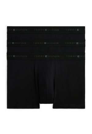 Tre boxer neri impilati, ciascuno con fascia elastica con il marchio "Tommy Hilfiger" in lettere grigio scuro.
