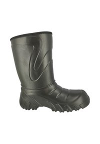 Zwarte rubberen laars met een gestructureerd oppervlak, verhoogde ribbels en versterkte neus. Voorzien van een antislipzool en een hoog schachtontwerp.