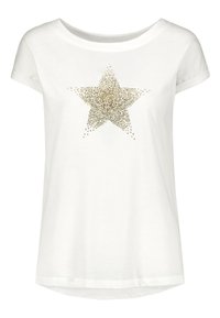 Hvid t-shirt med korte ærmer og løs pasform, med et stort design af guldglitrende stjerne i midten. Blødt bomuldsmateriale.