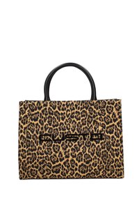 Borsa a tracolla rettangolare con manici in pelle nera e un motivo leopardato beige e nero, caratterizzata da un logo ricamato sulla parte anteriore.