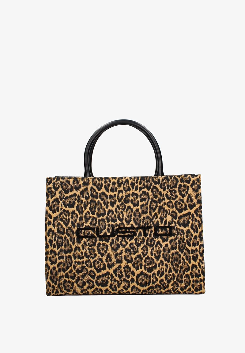 Borsa a tracolla rettangolare con manici in pelle nera e un motivo leopardato beige e nero, caratterizzata da un logo ricamato sulla parte anteriore.