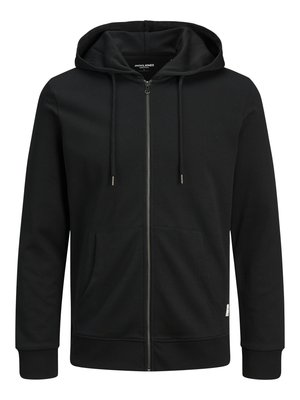 Sort zip-up hoodie med snoretræk i hætten, kengurulommer, ribbede manchetter og en blød tekstur. Har et minimalistisk design.