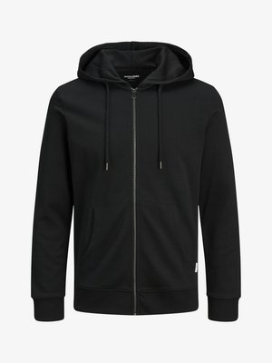 Sort zip-up hoodie med snoretræk i hætten, kengurulommer, ribbede manchetter og en blød tekstur. Har et minimalistisk design.