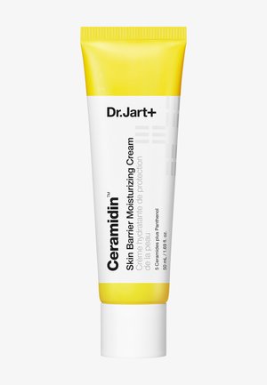 Dr.Jart+ Ceramidin hudbarriere fugtgivende creme tube, gul og hvid emballage, 50 ml, med nøgleingredienser og produktnavn synlige.
