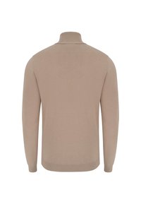 Beżowy sweter dziany z kołnierzem typu stójka, długimi rękawami i ściągaczem u dołu. Gładka faktura i dopasowany fason, idealny do warstwowego noszenia.