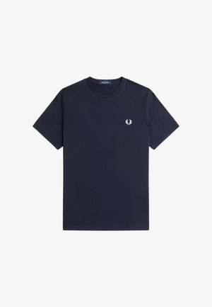 Camiseta de algodón de manga corta en azul marino con cuello redondo y un pequeño logo bordado en blanco en el pecho, que presenta una textura suave.