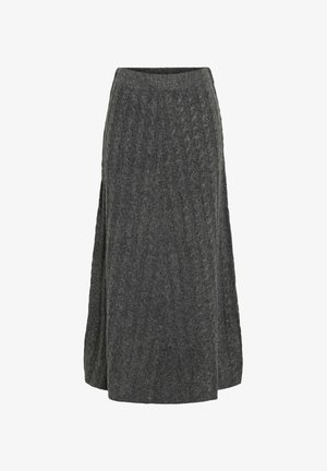 Jupe longue à fines côtes grises, avec une coupe décontractée et une taille haute, offrant une finition douce et texturée. Pas de fermetures visibles.