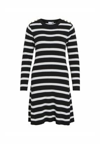 Robe en tricot avec des rayures horizontales noires et blanches, des manches longues, un col rond et des accents en boutons dorés aux épaules.