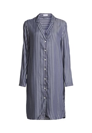 Navy-blaues langärmliges Hemdkleid mit weißen vertikalen Streifen, mit Einschlagkragen, Knopfleiste und seitlichen Schlitzen für mehr Bewegungsfreiheit.