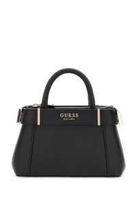 Borsa a mano nera realizzata in similpelle texturizzata, con ferramenta dorata, manici doppi e logo del brand impresso. Chiusura superiore con zip.