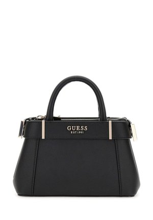 Borsa a mano nera realizzata in similpelle texturizzata, con ferramenta dorata, manici doppi e logo del brand impresso. Chiusura superiore con zip.