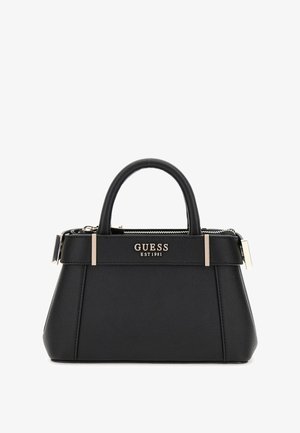 Borsa a mano nera realizzata in similpelle texturizzata, con ferramenta dorata, manici doppi e logo del brand impresso. Chiusura superiore con zip.