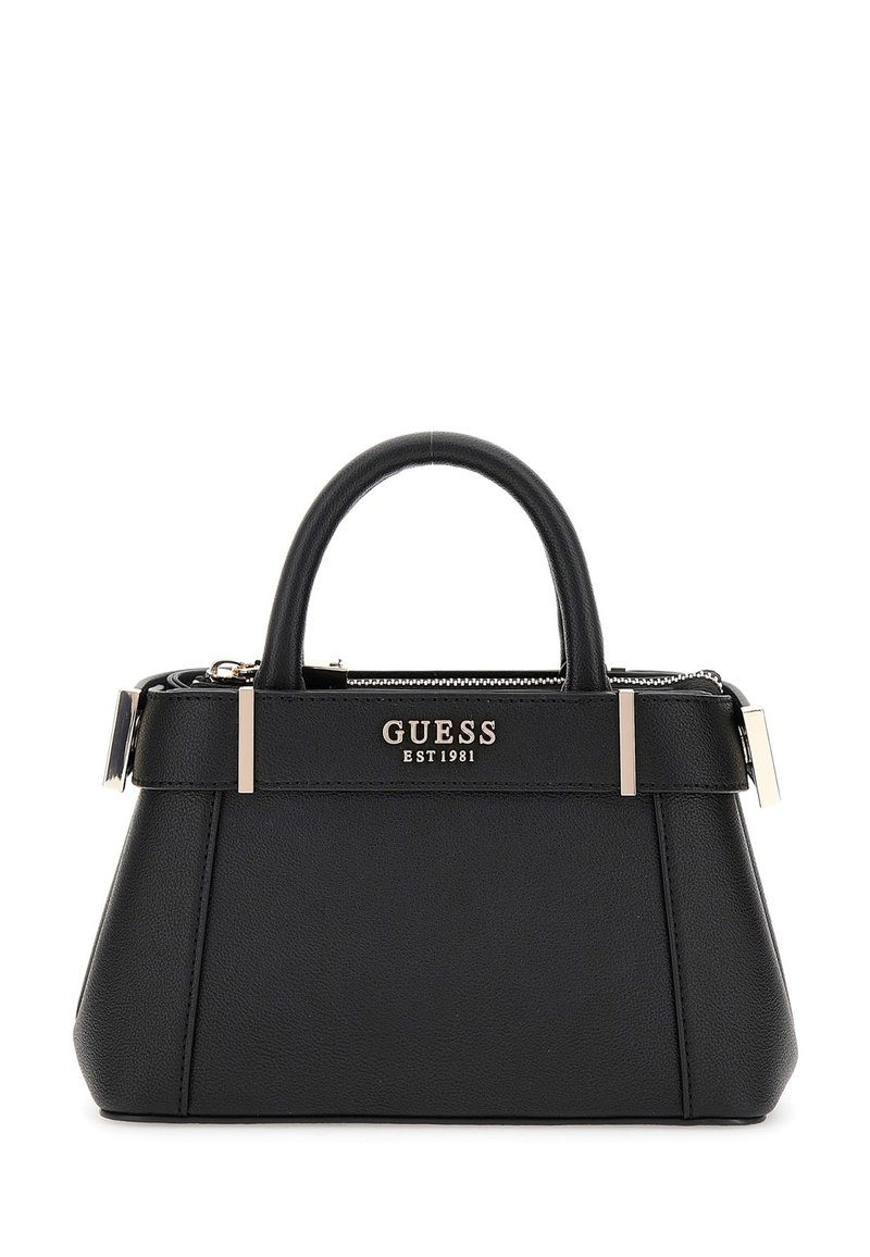 Borsa a mano nera realizzata in similpelle texturizzata, con ferramenta dorata, manici doppi e logo del brand impresso. Chiusura superiore con zip.