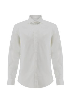 Weißes Herrenhemd mit langen Ärmeln, spitzem Kragen und verdeckter Knopfleiste, präsentiert vor weißem Hintergrund.