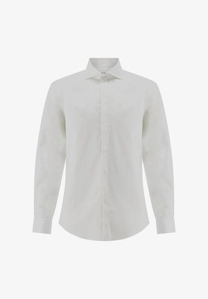 Weißes Herrenhemd mit langen Ärmeln, spitzem Kragen und verdeckter Knopfleiste, präsentiert vor weißem Hintergrund.