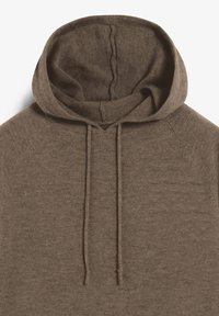 Sudadera marrón hecha de una tela suave, que presenta un cordón ajustable, una capucha grande y mangas raglán con una textura lisa y detalles de costura mínimos.