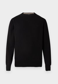 Pull noir à manches longues avec col rond, poignets et ourlet côtelés, présenté sur un fond clair uni.
