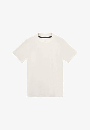 White short-sleeve T-shirt with a round neckline and black accent on the inner collar. Smooth texture, simple design, and no visible patterns.