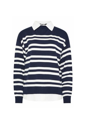 Laivaston sininen ja valkoinen raidallinen pitkähihaisen neuleen päällä on valkoinen kauluksellinen paita.