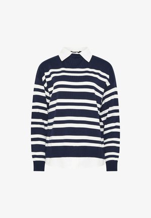 Laivaston sininen ja valkoinen raidallinen pitkähihaisen neuleen päällä on valkoinen kauluksellinen paita.