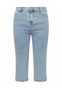 Bermudas de denim azul claro, de longitud a la rodilla, con un clásico diseño de cinco bolsillos, corte recto y cierre de botón de metal.