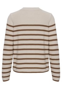 Beiger Pullover mit braunen horizontalen Streifen, geripptem Kragen und Saum. Stricktextur mit langen Ärmeln, lässiger Passform und ohne sichtbare Verschlüsse.
