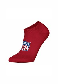 Røde ankelstrømper med NFL-skjoldlogoet i blåt, hvidt og rødt på hvid baggrund.