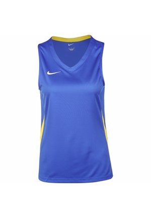 Niebieska sportowa koszulka bez rękawów z żółtymi panelami bocznymi i podszewką kołnierza, z białym logo Nike na piersi.