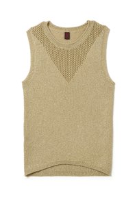 Mouwloze gebreide top in een lichtbeige kleur. Heeft een gestructureerd, open gebreid ontwerp op de schouders en een rechte zoom met een lichte kromming.