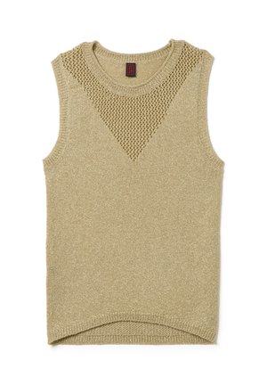 Top de punto sin mangas en un color beige claro. Presenta un diseño texturizado de punto abierto en los hombros y un dobladillo recto con una ligera curvatura.
