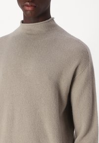 Light beige knit sweater with a high neck, made from soft fabric, featuring a relaxed fit and seamless shoulders for a smooth appearance.
